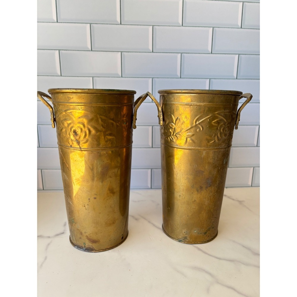 Vintage Hosley USA Brass Vase Planter Pair Embossed Rose Floral 10‎ Inch